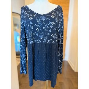 J‎ Jill Navy Floral Print Long Sleeve V Neck Tunic Top Large Petite
